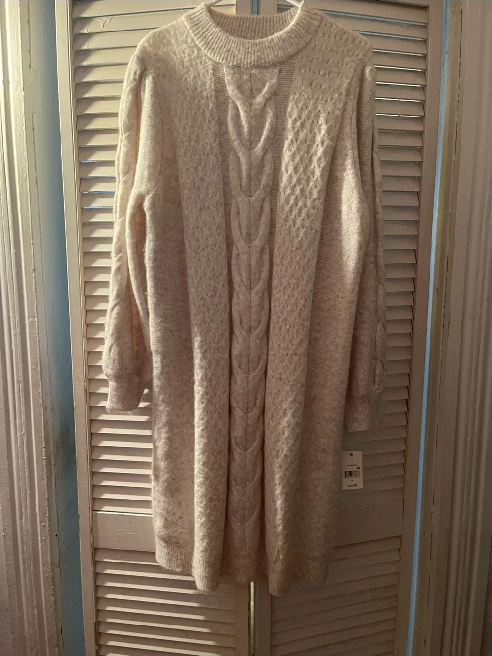 Cable-Knit Turtleneck Sweater Dress - Cream